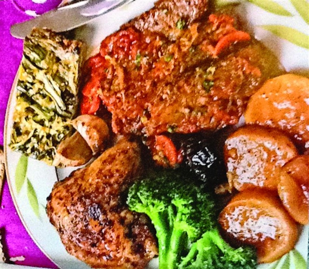 Recipes in “The New Passover Menu” include, clockwise from upper left, Peruvian Roasted Chicken with Salsa Verde; Asparagus, Zucchini, and Leek Kugel, Brisket Osso Buco, Sweet Potato Tzimmes, and Broccoli with Garlic.